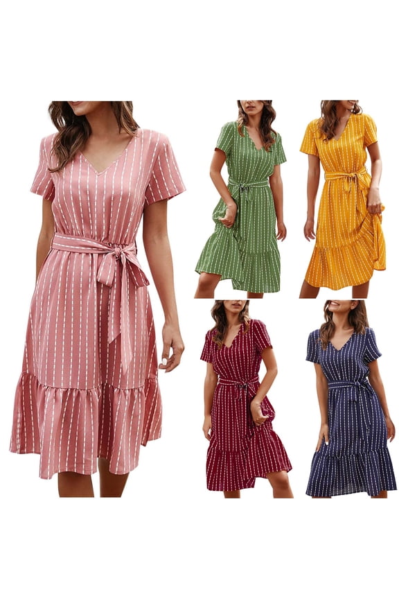 Chiffon Dresses for Women Wedding Guest V Neck Summer Dress with Belted Striped Print Beach Dresses Loose Short Sleeve Ruffle Hem Holiday Party Dress Red S