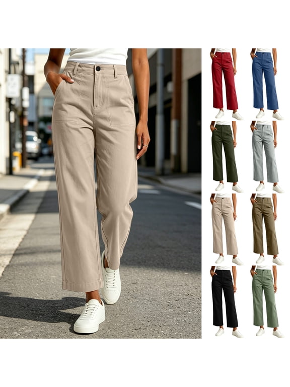 Chino Pants for Women Petite Straight Leg Khaki Pants with Patch Pockets High Waisted Button Casual Pants Trendy Trousers Mint Green L
