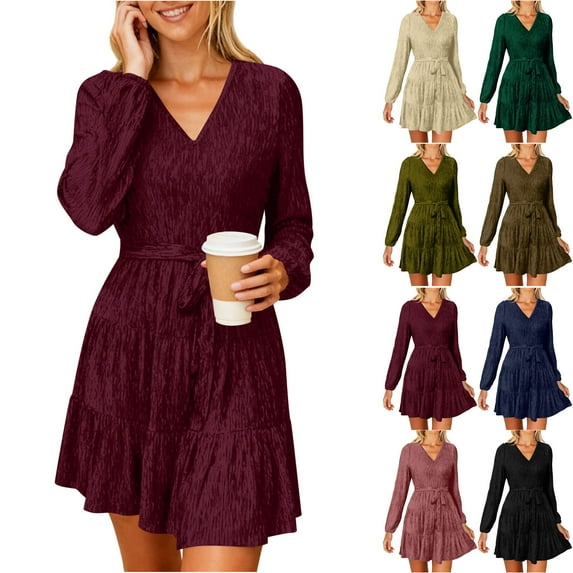 Oksale Christmas Velvet Dress for Women with Belt Elegant V Neck Wedding Guest Winter Dresses Vintage Ruffle Hem Mini Dress for Party Office Brown M