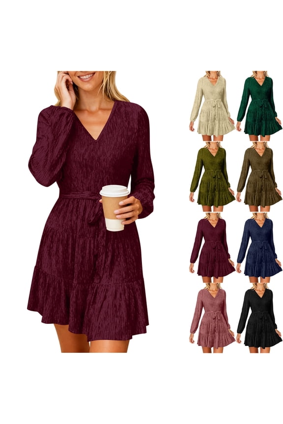 Christmas Velvet Dress for Women with Belt Elegant V Neck Wedding Guest Winter Dresses Vintage Ruffle Hem Mini Dress for Party Office Brown S