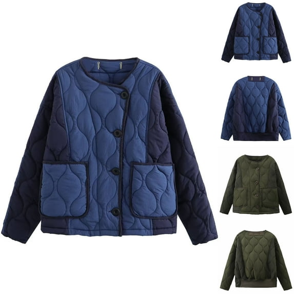 Oksale Color Block Puffer Jackets for Women with Pockets Lightweight Button Down Quilted Coats Cozy Long Sleeve Cropped Outerwear 2025 Army Green L
