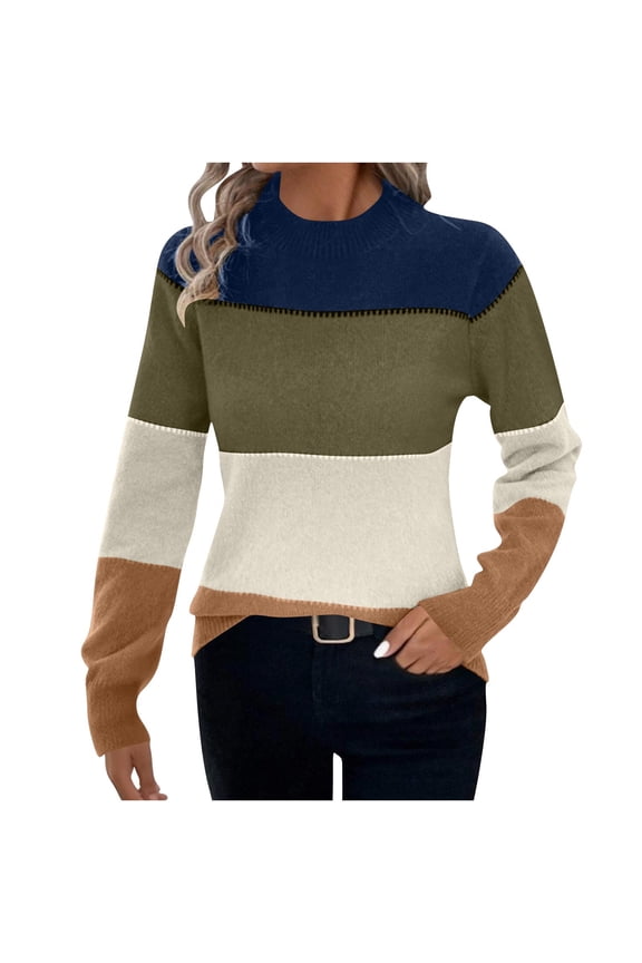 Color Block Sweaters for Women Casual Mock Neck Knit Sweater Comfy Long Sleeve Pullover Slouchy Soft Tops Beige L
