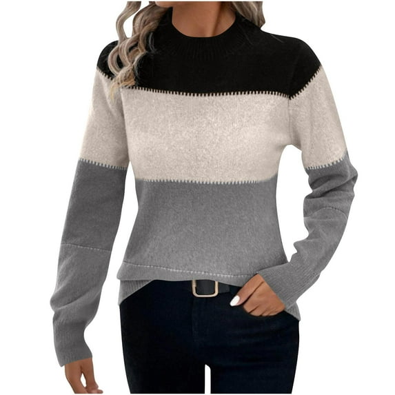 Oksale Color Block Sweaters for Women Casual Mock Neck Knit Sweater Comfy Long Sleeve Pullover Slouchy Soft Tops Gray L