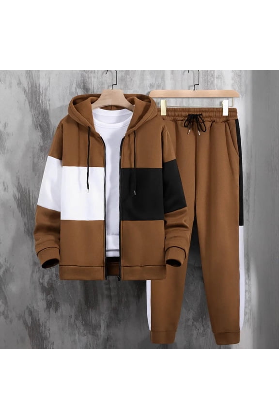 Color Block Sweatsuits for Men Full Zip Hoodies Sweatshirt Elastic Drawstring Sweatpants with Pockets 2 Piece 2025 Fall Outfits Brown S