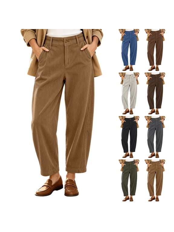 Corduroy Pants for Women Petite Trendy High Waisted Button Barrel Pants Loose Comfortable Khaki Pants with Pockets Fashion Outfits Army Green M