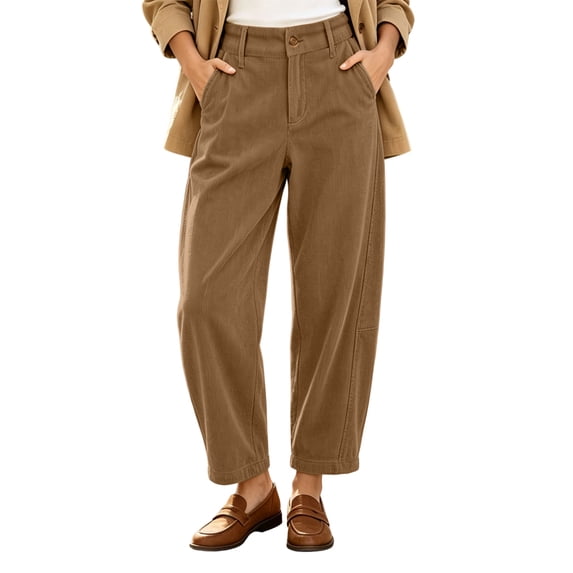 Oksale Corduroy Pants for Women Petite Trendy High Waisted Button Barrel Pants Loose Comfortable Khaki Pants with Pockets Fashion Outfits Khaki L