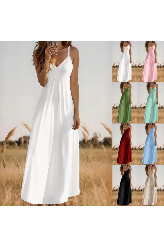 Cotton Beach Dresses for Women Casaul Summer Adjustable Spaghetti Strap Dress V Neck Maxi Sundresses Going Out Dress 2026 Light Blue S