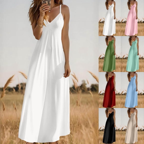 Oksale Cotton Beach Dresses for Women Casaul Summer Adjustable Spaghetti Strap Dress V Neck Maxi Sundresses Going Out Dress 2026 Wine S