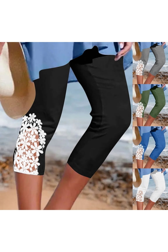 Cotton Capri Pants for Women Summer Trendy Lace Patchwork Linen Capris Casual Stretch Yoga Leggings Hollow Out Fashion Trousers Gray XL