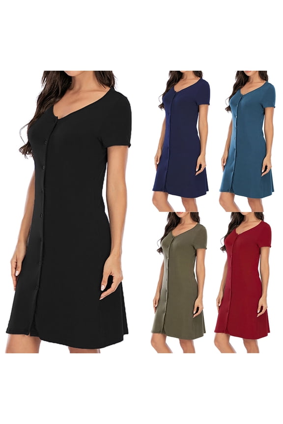 Cotton Cardigan Nightgown for Women Button Down Sleep Dress Short Sleeve Night Gowns Solid Color Short Sleep Dress Soft Comfy Loungewear 2025 Wine M