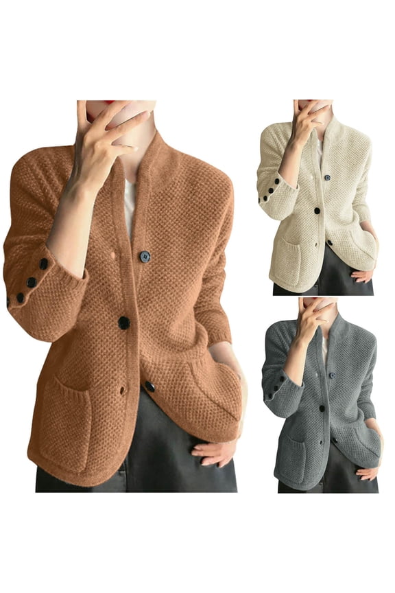 Cotton Cardigan Sweaters for Women Trendy Button Down Sweater with Pockets Stand Up Cardigans Loose Fit Going Out Tops 2025 Brown M