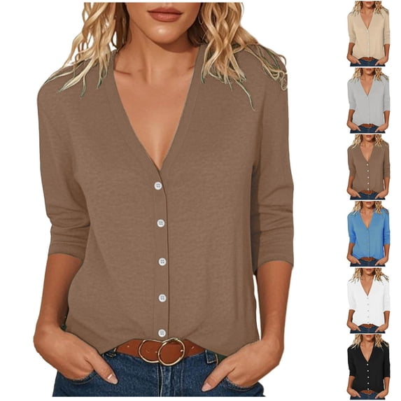 Oksale Cotton Cardigans for Women Casual Lightweight Button Down V Neck Summer Cardigan Comfortable Long Sleeve Basic Tops Brown XL