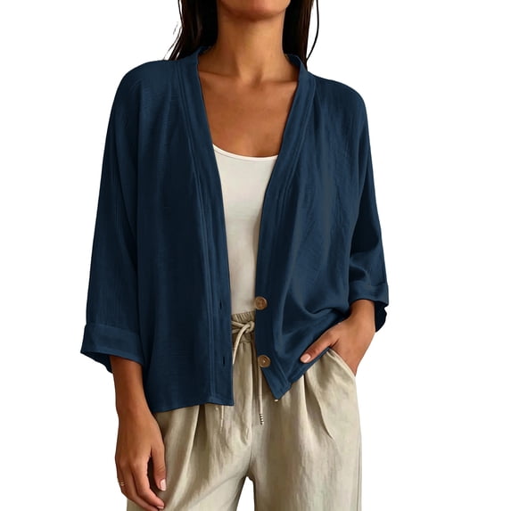 Oksale Cotton Cardigans for Women Lightweight Cozy 3/4 Sleeve Crop Cardigan Casual Button Down V Neck Shirts Loose Fit Fall Tops Navy S