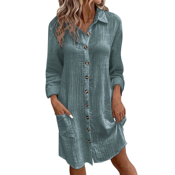Oksale Cotton Dress for Women with Pockets Button Down Mini Dresses Loose Long Sleeve Dress Casual Soft Lapel Shirt Dresses Dress Gray XL