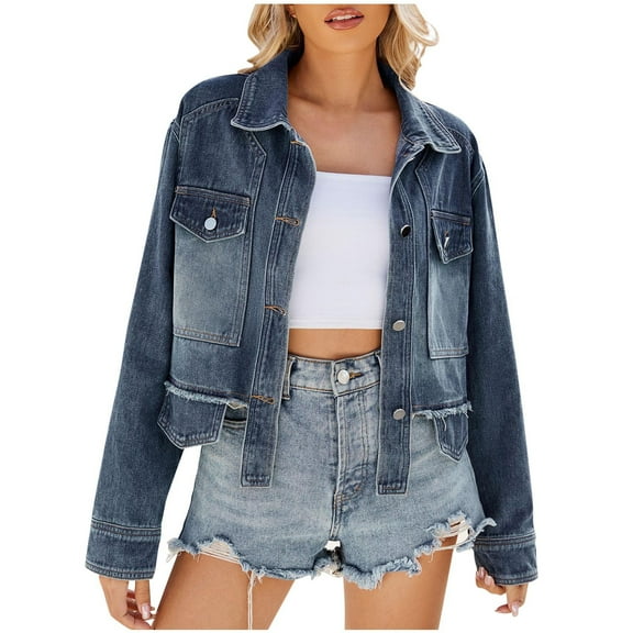 Oksale Cotton Jacket for Women Distressed Frayed Hem Jean Jacket with Pockets Button Down Bomber Jackets Loose Long Sleeve Coats Blue L