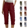 thumbnail image 1 of Oksale Cotton Linen Capri Pants for Women Plus Size Breathable Capris with Pockets Casual Drawstring Mid Waisted Summer Cropped Trousers for Vacation Red L, 1 of 7