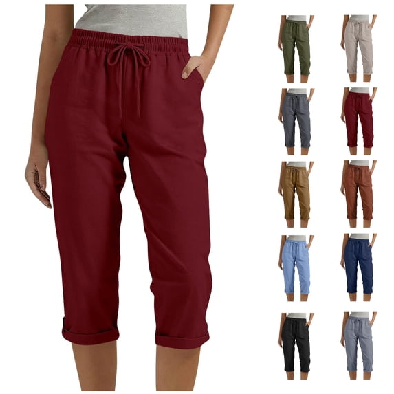Oksale Cotton Linen Capri Pants for Women Plus Size Breathable Capris with Pockets Casual Drawstring Mid Waisted Summer Cropped Trousers for Vacation Red L