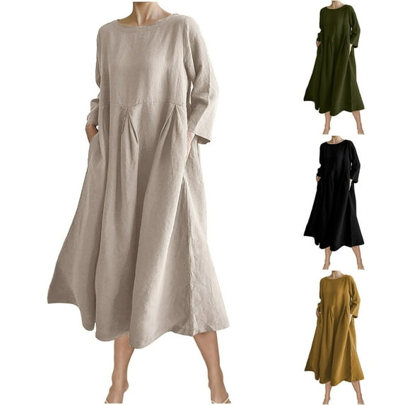 Oksale Cotton Linen Dresses for Women Loose Long Sleeve Midi Dress Soft Cozy Crewneck Dresses Solid Color Dress Yellow M