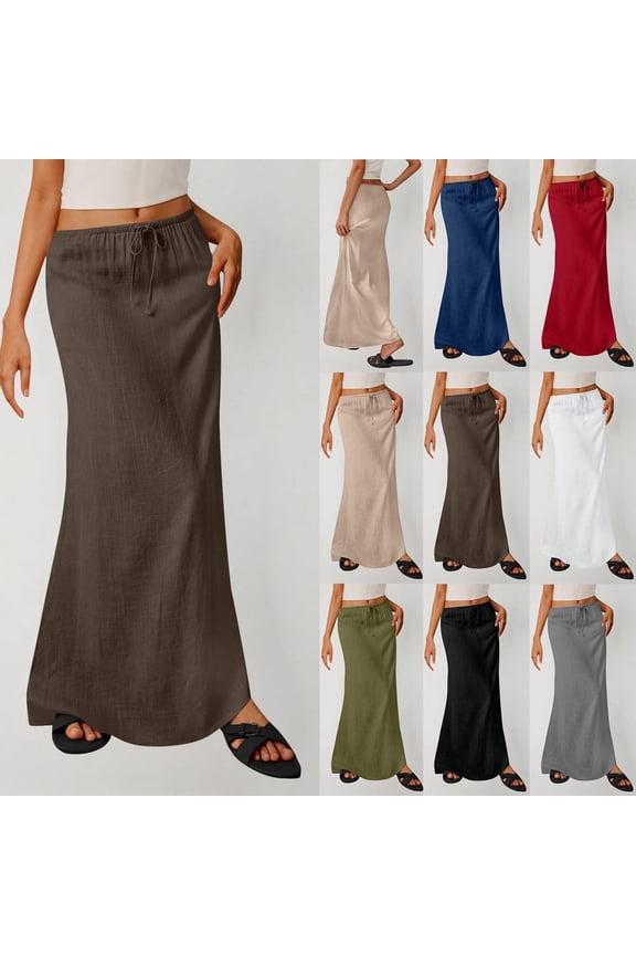 Cotton Linen Maxi Skirts for Women Elegant Full Length Summer Skirt Elastic Waisted Drawstring Vacation Skirt with Pockets Coffee S