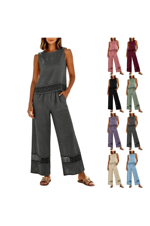 Cotton Linen Sets for Women 2 Piece Petite Summer Lace Patchwork Tank Tops Loose Wide Leg Pants with Pockets Travel Outfits Black M