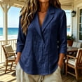thumbnail image 1 of Oksale Cotton Linen Tops for Women Summer Casual Lapel V Neck Beach Vacation Shirts Loose Fit 3/4 Sleeve Cozy Plus Size Blouses Navy 2XL, 1 of 6