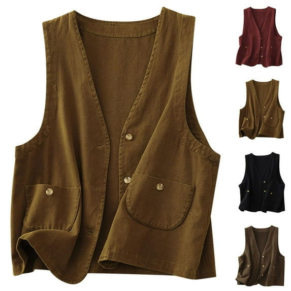 Oksale Cotton Linen Vest for Women Lightweight Sleeveless Jackets with Pockets Casual Button Down Vest Soft Cozy Cowgirl Jacket Retro Fall Coats Coffee XXL