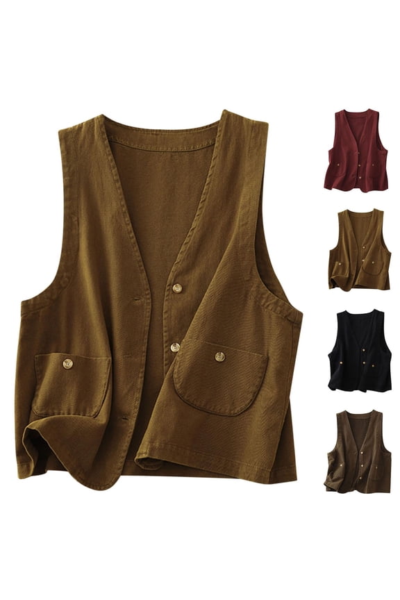 Cotton Linen Vest for Women Lightweight Sleeveless Jackets with Pockets Casual Button Down Vest Soft Cozy Cowgirl Jacket Retro Fall Coats Red XXL