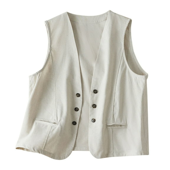 Oksale Cotton Linen Vest for Women Lightweight Sleeveless Jackets with Pockets Casual Button Vest Soft Cozy Cowgirl Jacket Retro Fall Coats White XL