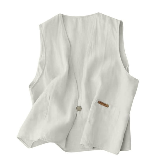 Oksale Cotton Linen Vest for Women Lightweight Sleeveless Jackets with Pockets Casual Button Vest Soft Cozy Cowgirl Jacket Retro Fall Coats White XXL