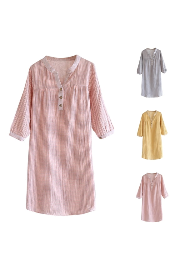 Cotton Night Gown for Women 3/4 Sleeve Sleep Dress Soft Comfortable Nightgown Button Up Sleepwear Pajama Loose Fit Mid Length Loungewear 2025 Pink XL