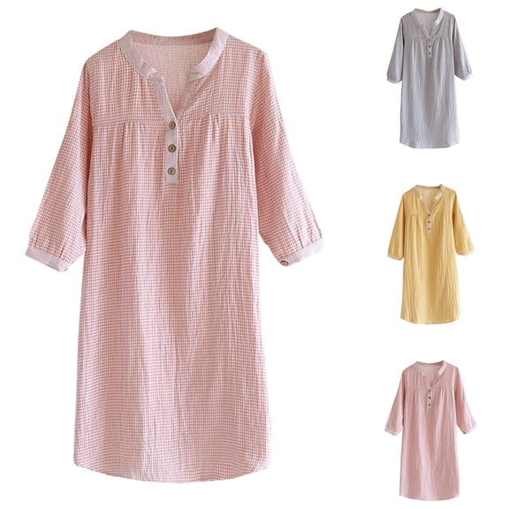 Oksale Cotton Night Gown for Women 3/4 Sleeve Sleep Dress Soft Comfortable Nightgown Button Up Sleepwear Pajama Loose Fit Mid Length Loungewear 2025 Pink XL