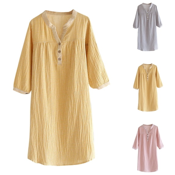 Oksale Cotton Night Gown for Women 3/4 Sleeve Sleep Dress Soft Comfortable Nightgown Button Up Sleepwear Pajama Loose Fit Mid Length Loungewear 2025 Yellow XL