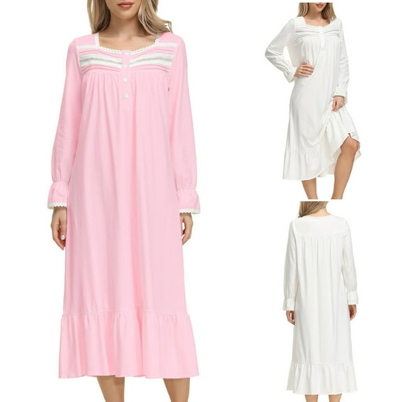 Oksale Cotton Nightgowns for Women Long Ruffle Sleeve Night Gown Casual Square Neck Sleep Shirt Mid Length Sleep Dress Soft Cozy Pajama Dress 2025 White S