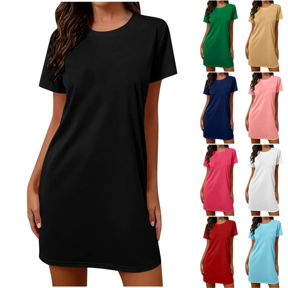Oksale Cotton Nightgowns for Women Soft Breathable Short Sleeve Mini Pajamas Dress Casual Crewneck Sleepwear Solid Color Loungewear 2025 Hot Pink M
