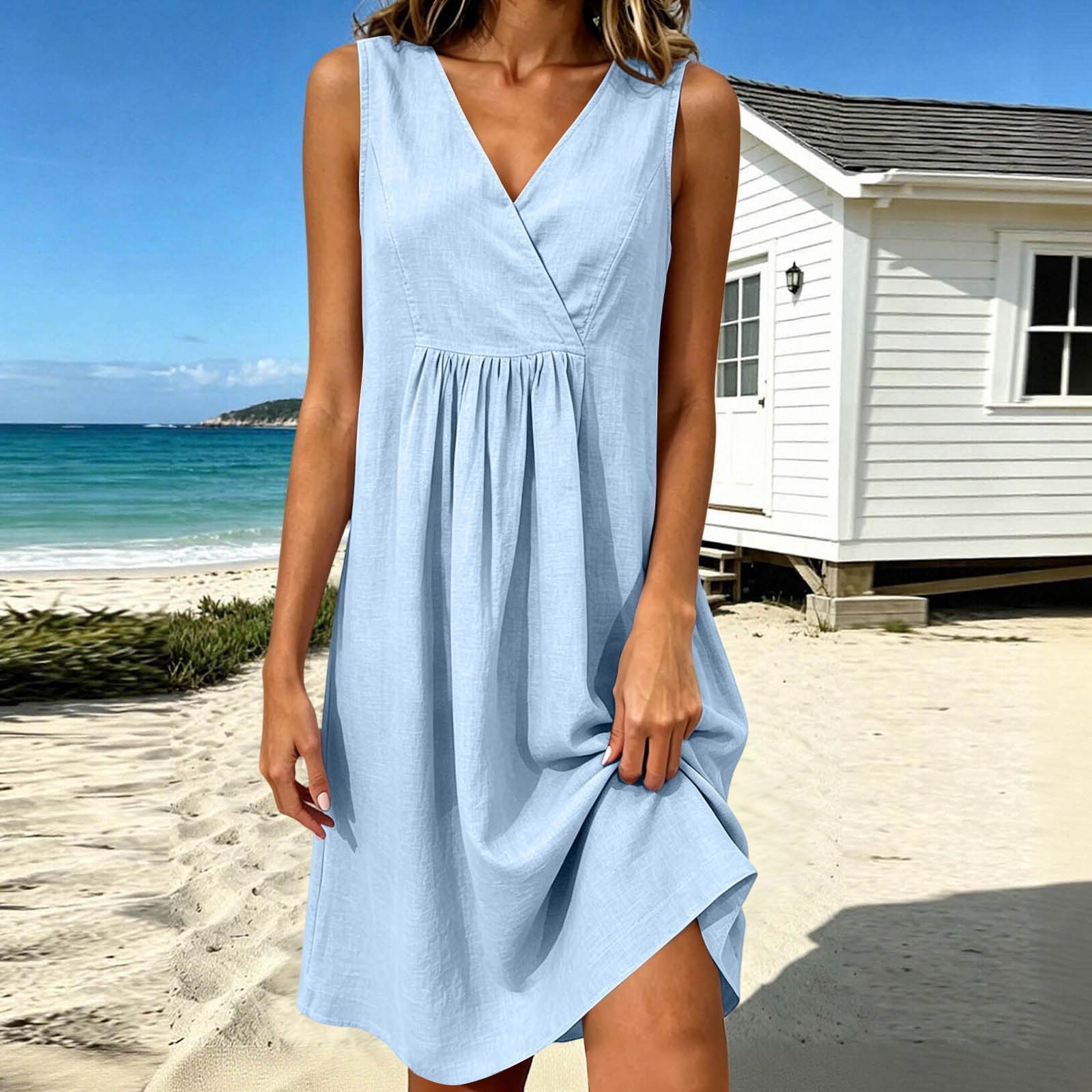 Oksale Cotton Summer Dresses for Women 2026 Wrap V Neck Mini Tank Dress Stretchy Comfy Lightweight Sleeveless Pleated Vacation Dresses for Beach White XL