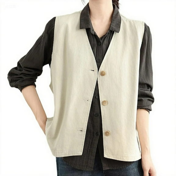 Oksale Cotton Vest for Women 2025 Button Down Vests Sleeveless Jacket Solid Color Jackets Soft Outwear Lightweight Waistcoat 2025 Beige M