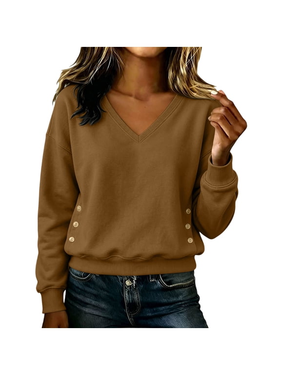 Crop Tops for Women Trendy V Neck Sweatshirt Pullover Cozy Loose Long Sleeve Sweatshirts Classic Solid Color Shirts for Fall Winter 2026 Brown M