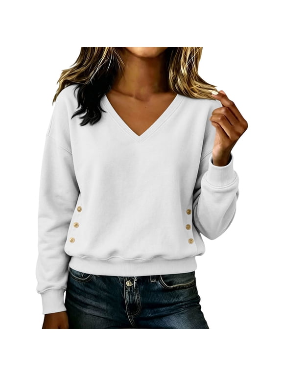 Crop Tops for Women Trendy V Neck Sweatshirt Pullover Cozy Loose Long Sleeve Sweatshirts Classic Solid Color Shirts for Fall Winter 2026 White M