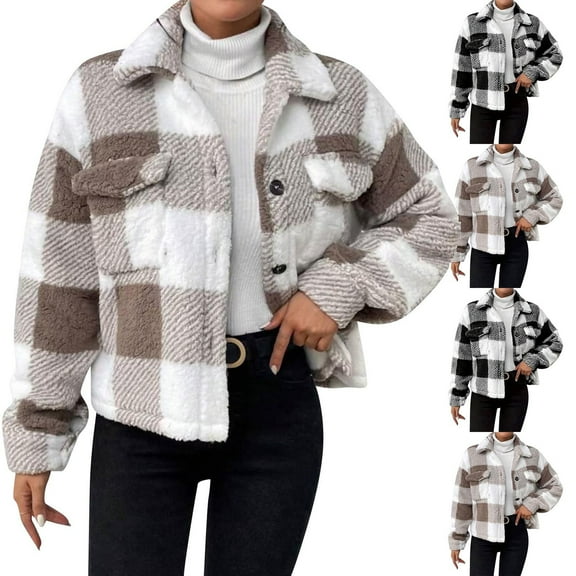 Oksale Cropped Check Jackets for Women Button Down Fleece Jacket Shacket Cozy Long Sleeve Lapel Outerwear with Pockets Warm Winter Fashion Outfit Khaki M