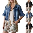 thumbnail image 1 of Oksale Cropped Denim Jacket for Women Ruffle Frayed Hem Distressed Jean Jacket Half Sleeve Trucker Jacket Vintage Open Front Western Jackets Black M, 1 of 7