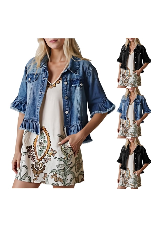 Cropped Denim Jacket for Women Ruffle Frayed Hem Distressed Jean Jacket Half Sleeve Trucker Jacket Vintage Open Front Western Jackets Blue M