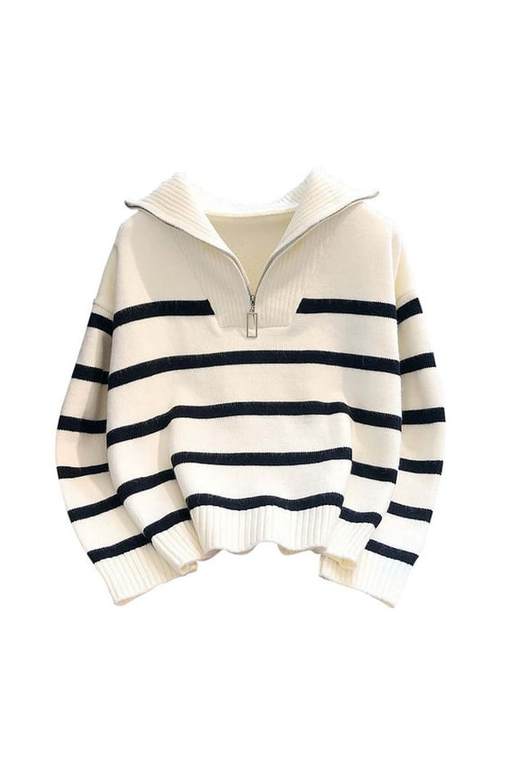 Cropped Sweaters for Women Plus Size Striped Sweater Trendy V Neck Lapal Jumpers Comfort Long Sleeve Pullover Y2K Cute Tops White L