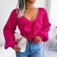 thumbnail image 1 of Oksale Cropped Sweaters for Women Trendy Long Lantern Sleeve Sweater with Bow Dector Casual Deep V Neck Jumpers Sexy Y2K Soft Tops 2025 Hot Pink M, 1 of 8