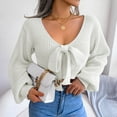 thumbnail image 1 of Oksale Cropped Sweaters for Women Trendy Long Lantern Sleeve Sweater with Bow Dector Casual Deep V Neck Jumpers Sexy Y2K Soft Tops 2025 White S, 1 of 7