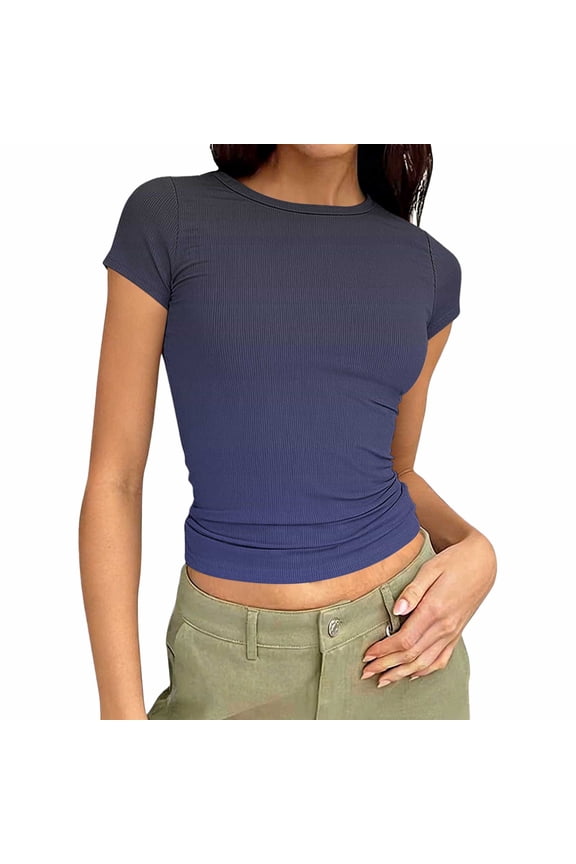 Cropped T Shirts for Women Cozy Short Sleeve Gradient Ribbed Knit Tees Casual Crewneck Y2K Summer Tops Slim Fashion Clothing Navy S