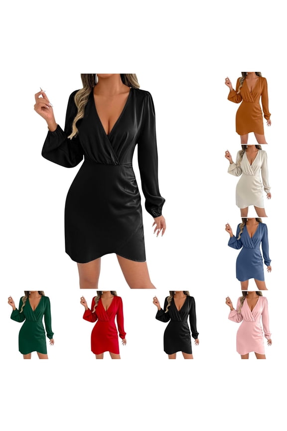 Cross V Neck Mini Dresses for Women Trendy Long Sleeve Winter Dress Sexy Cozy Soft Wedding Party Satin Dresses for Holiday Blue L