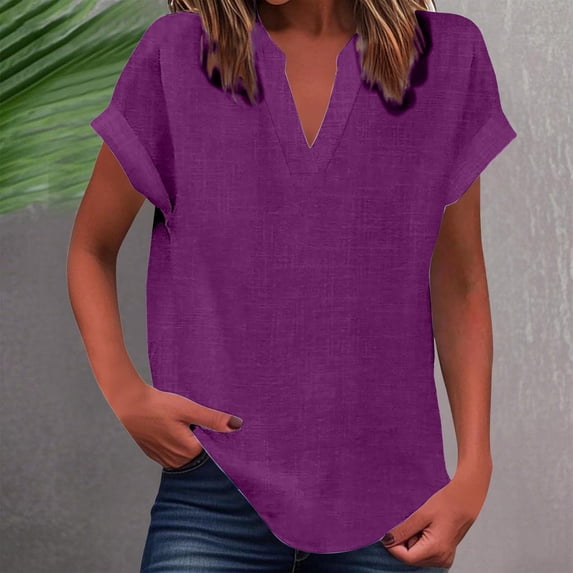 Oksale Cuff Sleeve Tops for Women Trendy V Neck Summer Tshirts Loose Cozy Solid Basic Tees for Going Out Purple L