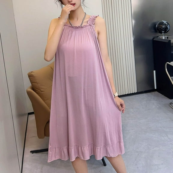 Oksale Curling Crewneck Modal Night Gown for Women Sleeveless Midi Sleep Shirt Ruffle Hem Pajama Dress Soft Lightweight Loungewear Pink XXL