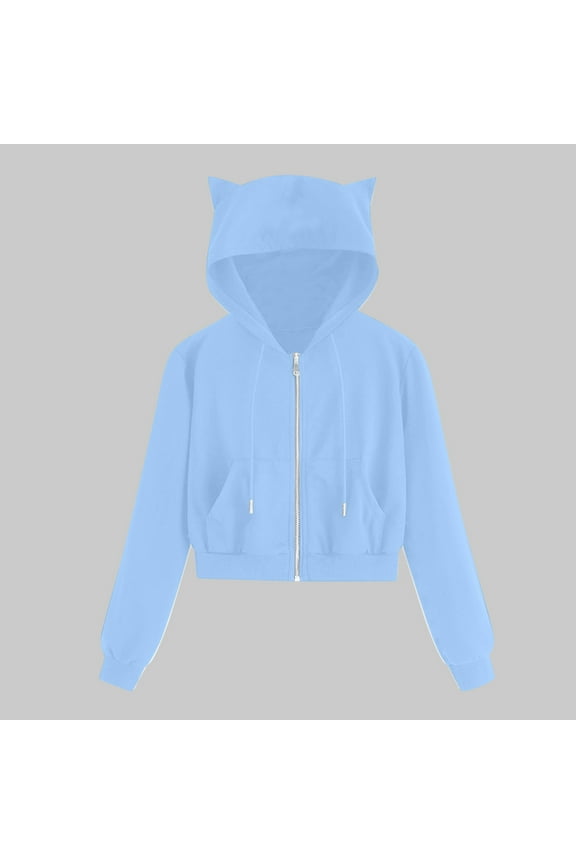 Cute Cat Ears Hoodies for Women Trendy Cropped Sweatshirts Casual Zip Up Jackets with Pockets Y2K Tops Plus Size Hooded Sweatshirt Blue L