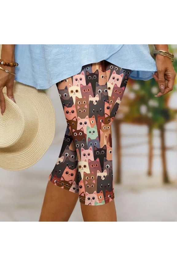 Cute Cats Print Capris for Women Slim Fit Yoga Leggings Elastic Waisted Gym Tights Tummy Control Athletic Trousers Lounge Capri Pants Multicolor M